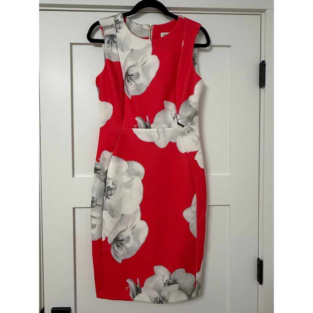 Calvin Klein Red White Orchid Floral Sleeveless Sheath Dress Size 8 Gold Zipper
